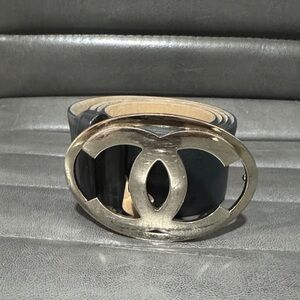 CHANEL Black Belt with Silver Logo Buckle